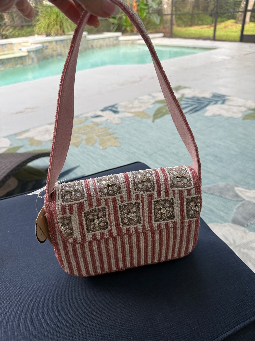 Embellished Pink Striped Mini Shoulder Bag